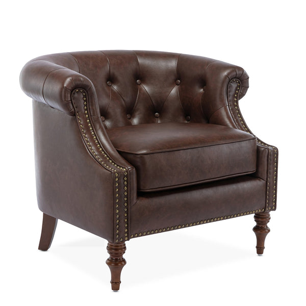 English Elm Ophelia Brown Button Tufted Accent Chair with Nailhead Trim, Barrel Back, Faux Leather Comfort B05077635