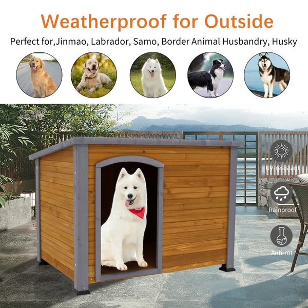 English Elm Dog Kennel Solid Wood Raised Base Weatherproof Shelter for Large Breeds Indoor Outdoor W143169243