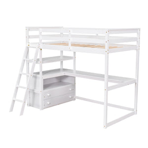 English Elm Twin Loft Bed with Built-In Desk, Shelves and Two Drawers — Pine Wood Sturdy Space-Saving Design White GX000423AAK