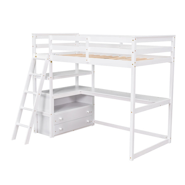 English Elm Twin Loft Bed with Built-In Desk, Shelves and Two Drawers — Pine Wood Sturdy Space-Saving Design White GX000423AAK