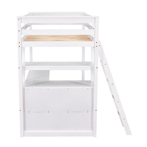 English Elm Twin Loft Bed with Built-In Desk, Shelves and Two Drawers — Pine Wood Sturdy Space-Saving Design White GX000423AAK
