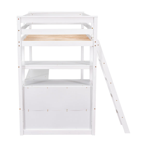 English Elm Twin Loft Bed with Built-In Desk, Shelves and Two Drawers — Pine Wood Sturdy Space-Saving Design White GX000423AAK