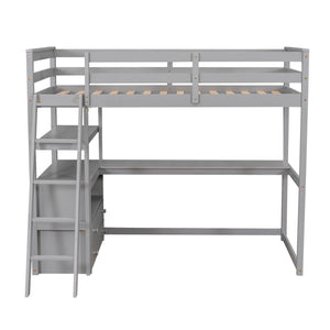 English Elm Twin Loft Bed with Built-In Desk, Shelves and Two Drawers — Pine Wood Sturdy Space-Saving Design Gray GX000423AAE