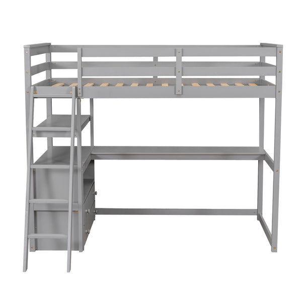 English Elm Twin Loft Bed with Built-In Desk, Shelves and Two Drawers — Pine Wood Sturdy Space-Saving Design Gray GX000423AAE