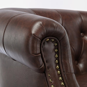 English Elm Ophelia Brown Button Tufted Accent Chair with Nailhead Trim, Barrel Back, Faux Leather Comfort B05077635