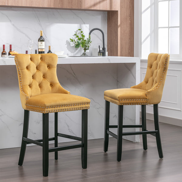 English Elm Contemporary Velvet Upholstered Barstool with Button Tufting, Chrome Nailhead Trim, Solid Wood Frame, High-Density Foam Comfort Gold W1143P177583