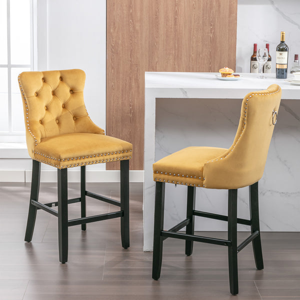 English Elm Contemporary Velvet Upholstered Barstools with Button Tufting, Solid Wood Frame, High-Rebound Foam Seating Gold W1143P177583
