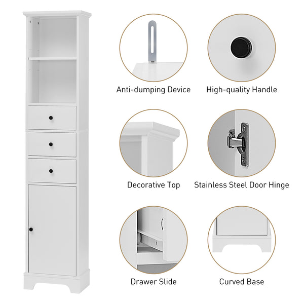 English Elm White Tall Bathroom Cabinet - Freestanding 3-Drawer Organizer with Adjustable Shelf, 100lb Capacity, Painted MDF Finish WF298152AAK