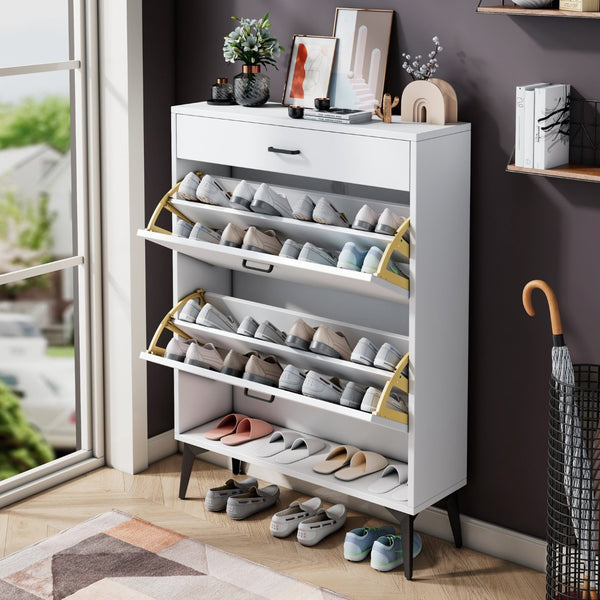 English Elm Shoe Cabinet Slim Tower Matte Finish Vertical Entryway Storage Organizer Enclosed Shelves White W37062873