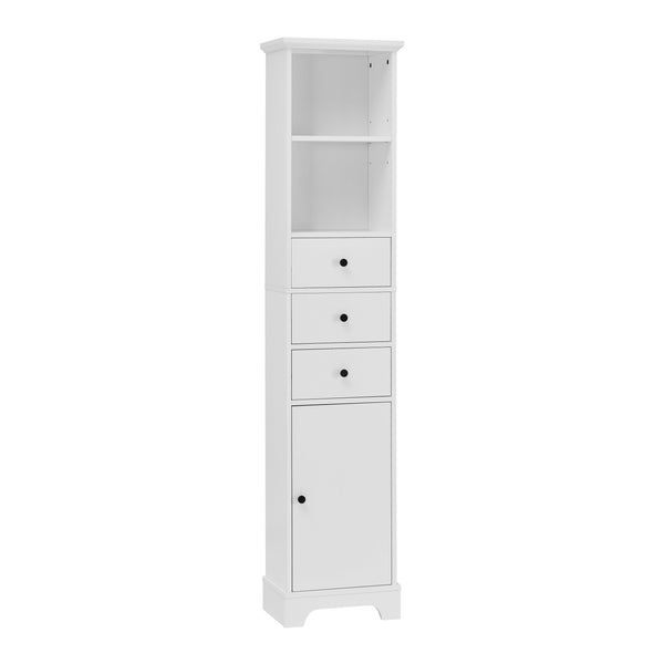 English Elm White Tall Bathroom Cabinet - Freestanding 3-Drawer Organizer with Adjustable Shelf, 100lb Capacity, Painted MDF Finish WF298152AAK