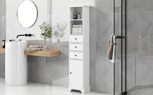 English Elm White Tall Bathroom Cabinet - Freestanding 3-Drawer Organizer with Adjustable Shelf, 100lb Capacity, Painted MDF Finish WF298152AAK