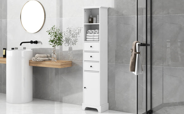 English Elm White Tall Bathroom Cabinet - Freestanding 3-Drawer Organizer with Adjustable Shelf, 100lb Capacity, Painted MDF Finish WF298152AAK