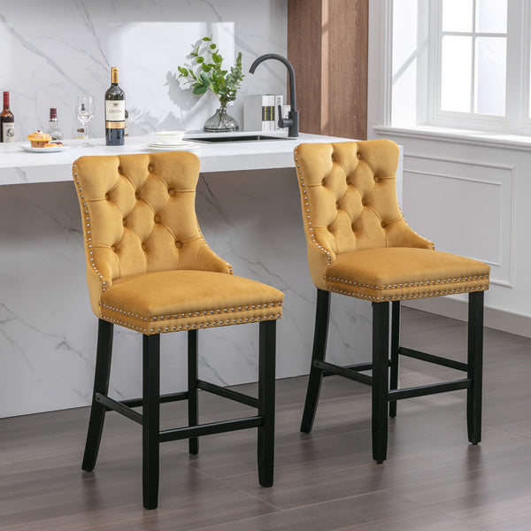 English Elm Contemporary Velvet Upholstered Barstool with Button Tufting, Chrome Nailhead Trim, Solid Wood Frame, High-Density Foam Comfort Gold W1143P177583