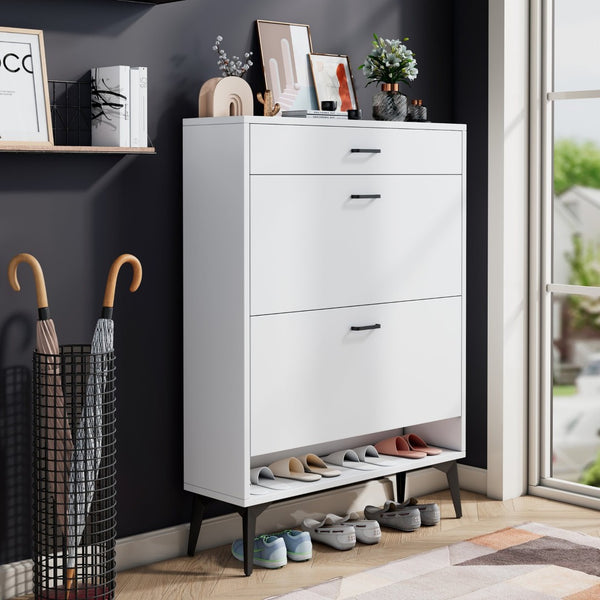 English Elm Shoe Cabinet Slim Tower Matte Finish Vertical Entryway Storage Organizer Enclosed Shelves White W37062873