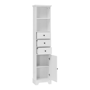 English Elm White Tall Bathroom Cabinet - Freestanding 3-Drawer Organizer with Adjustable Shelf, 100lb Capacity, Painted MDF Finish WF298152AAK
