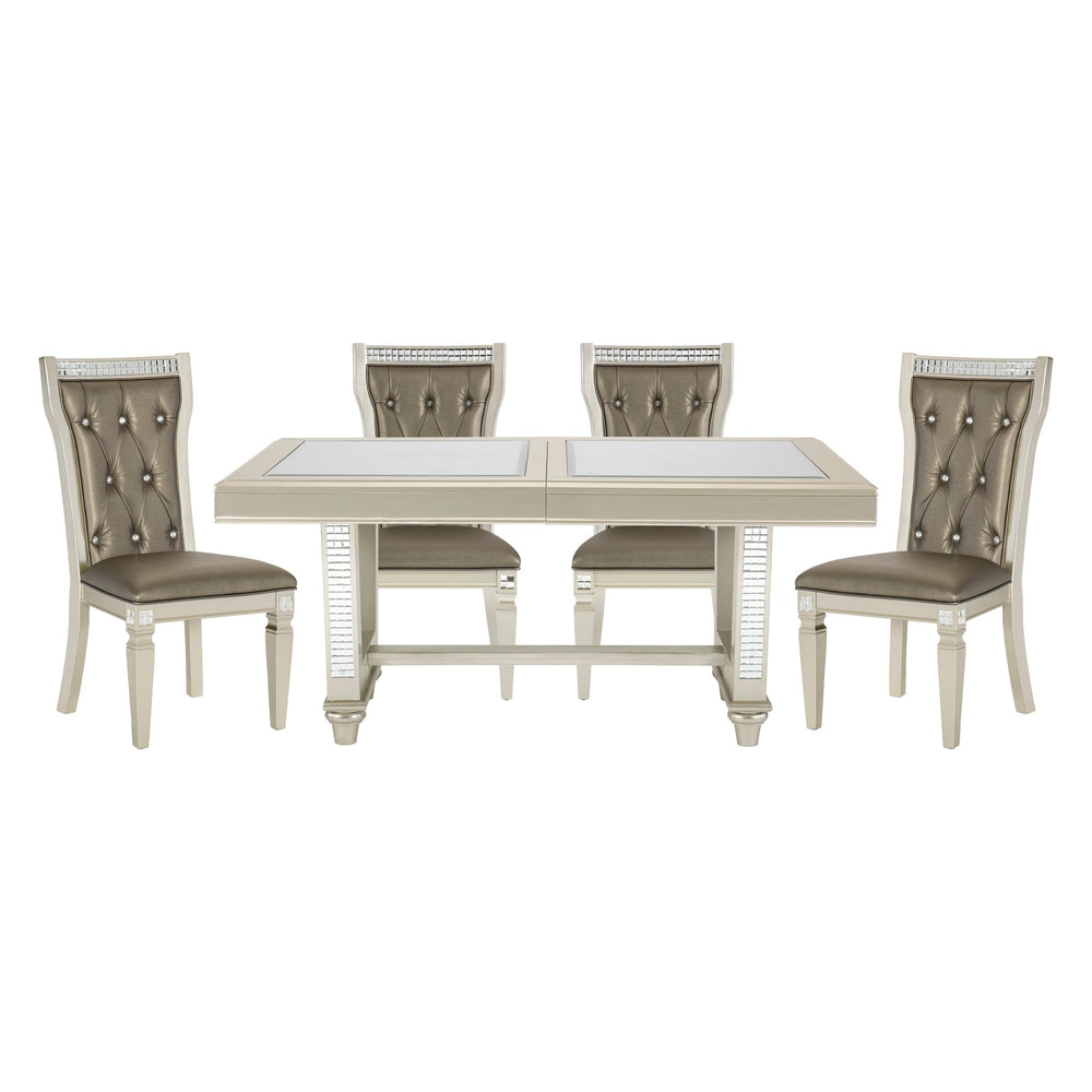 English Elm Glamorous Traditional 5Pc Dining Set With Champagne Finish, Glass Inset Table & Tufted Chairs B011S00264