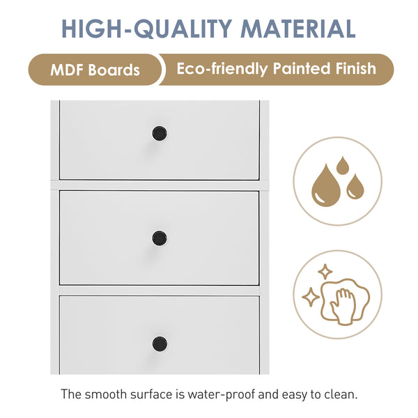English Elm White Tall Bathroom Cabinet - Freestanding 3-Drawer Organizer with Adjustable Shelf, 100lb Capacity, Painted MDF Finish WF298152AAK