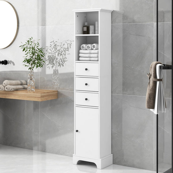 English Elm White Tall Bathroom Cabinet - Freestanding 3-Drawer Organizer with Adjustable Shelf, 100lb Capacity, Painted MDF Finish WF298152AAK