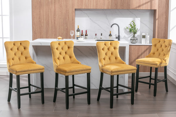 English Elm Contemporary Velvet Upholstered Barstool with Button Tufting, Chrome Nailhead Trim, Solid Wood Frame, High-Density Foam Comfort Gold W1143P177583