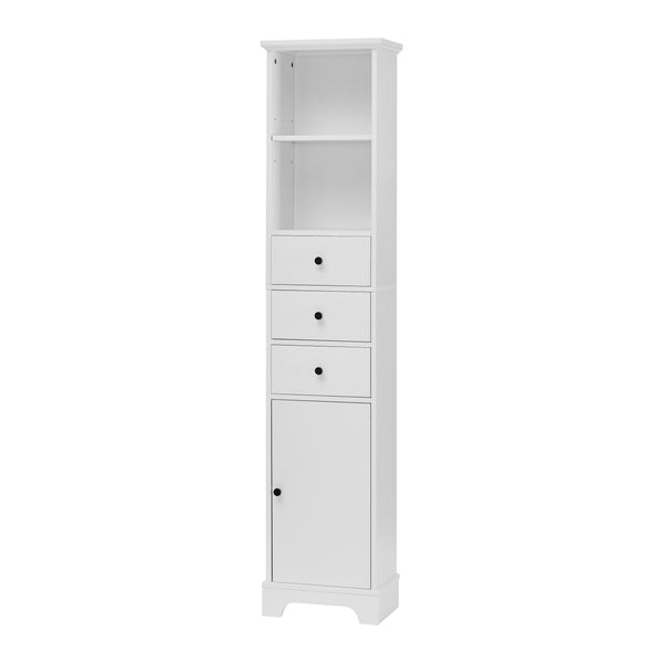 English Elm White Tall Bathroom Cabinet - Freestanding 3-Drawer Organizer with Adjustable Shelf, 100lb Capacity, Painted MDF Finish WF298152AAK