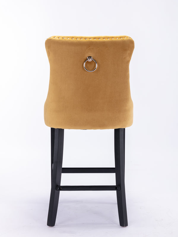 English Elm Contemporary Velvet Upholstered Barstools with Button Tufting, Solid Wood Frame, High-Rebound Foam Seating Gold W1143P177583