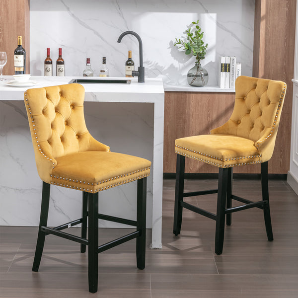 English Elm Contemporary Velvet Upholstered Barstools with Button Tufting, Solid Wood Frame, High-Rebound Foam Seating Gold W1143P177583