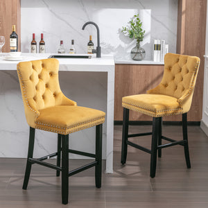 English Elm Contemporary Velvet Upholstered Barstool with Button Tufting, Chrome Nailhead Trim, Solid Wood Frame, High-Density Foam Comfort Gold W1143P177583
