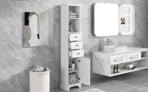 English Elm White Tall Bathroom Cabinet - Freestanding 3-Drawer Organizer with Adjustable Shelf, 100lb Capacity, Painted MDF Finish WF298152AAK