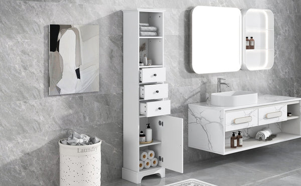 English Elm White Tall Bathroom Cabinet - Freestanding 3-Drawer Organizer with Adjustable Shelf, 100lb Capacity, Painted MDF Finish WF298152AAK