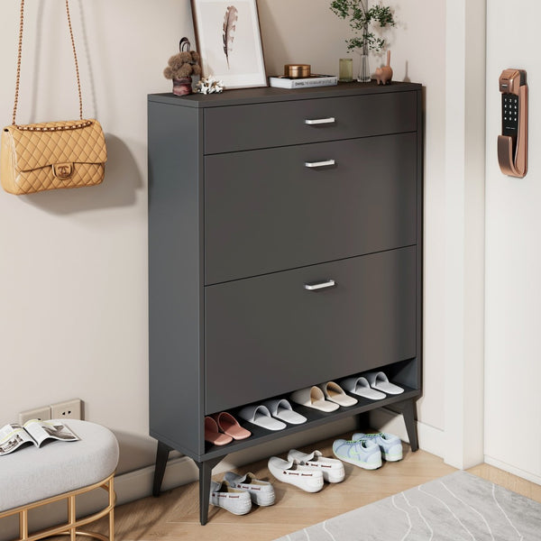 English Elm Shoe Cabinet Slim Tower Matte Finish Vertical Entryway Storage Organizer Enclosed Shelves Antique Gray W37062875