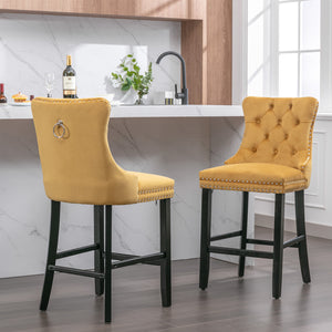 English Elm Contemporary Velvet Upholstered Barstools with Button Tufting, Solid Wood Frame, High-Rebound Foam Seating Gold W1143P177583