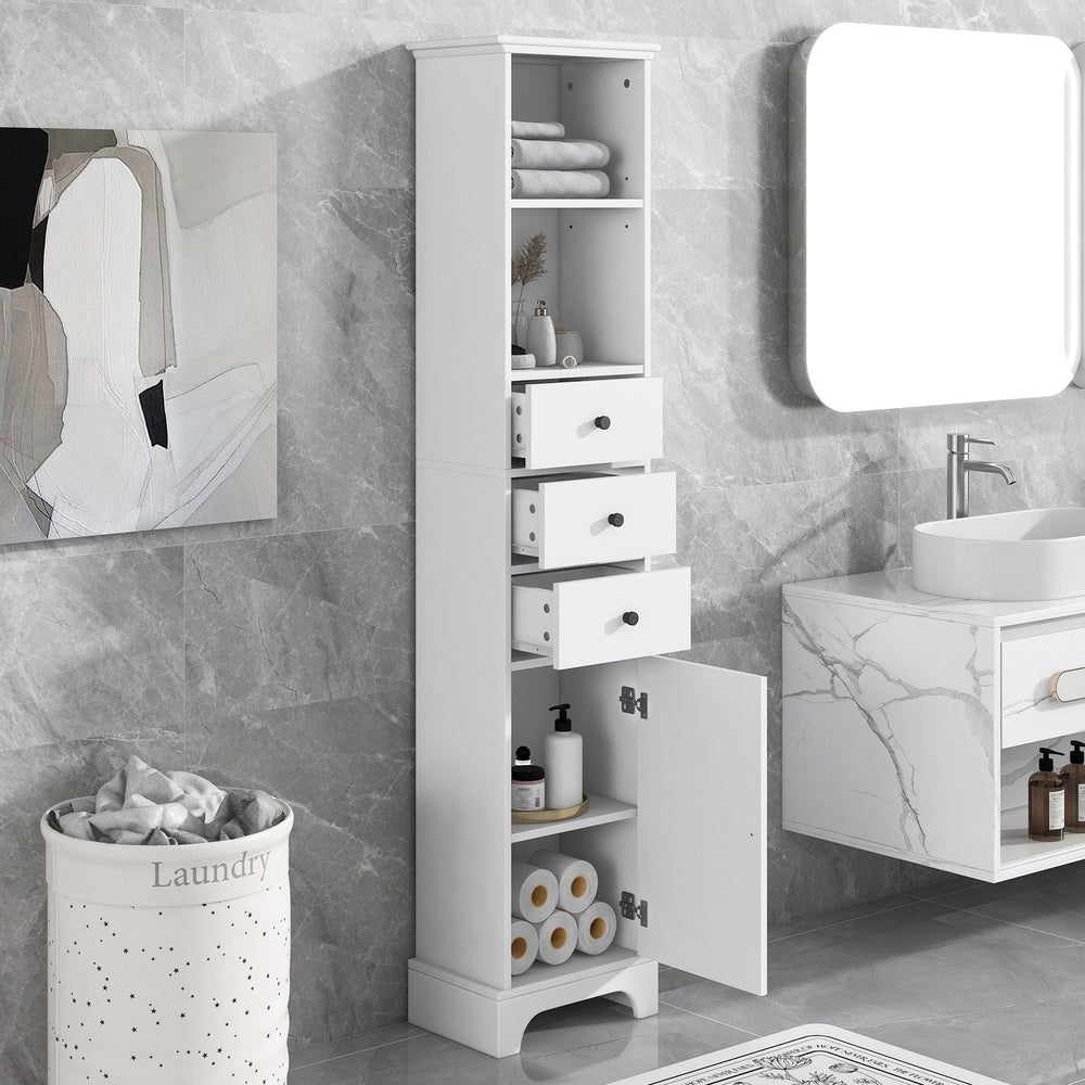 English Elm White Tall Bathroom Cabinet - Freestanding 3-Drawer Organizer with Adjustable Shelf, 100lb Capacity, Painted MDF Finish WF298152AAK