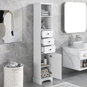 English Elm White Tall Bathroom Cabinet - Freestanding 3-Drawer Organizer with Adjustable Shelf, 100lb Capacity, Painted MDF Finish WF298152AAK