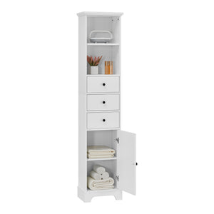 English Elm White Tall Bathroom Cabinet - Freestanding 3-Drawer Organizer with Adjustable Shelf, 100lb Capacity, Painted MDF Finish WF298152AAK