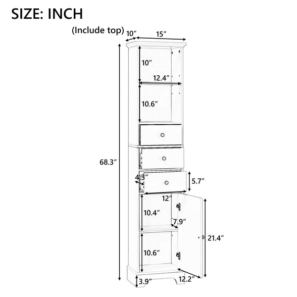 English Elm White Tall Bathroom Cabinet - Freestanding 3-Drawer Organizer with Adjustable Shelf, 100lb Capacity, Painted MDF Finish WF298152AAK