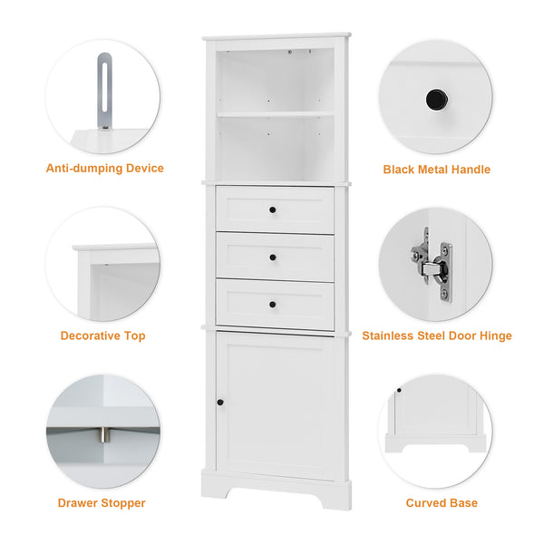 English Elm White Triangle Tall Cabinet 3-Drawer with Adjustable Shelves, Anti-Dump, MDF Painted Finish, Slim Corner Storage for Bathroom Kitchen Living Room N725P247409K