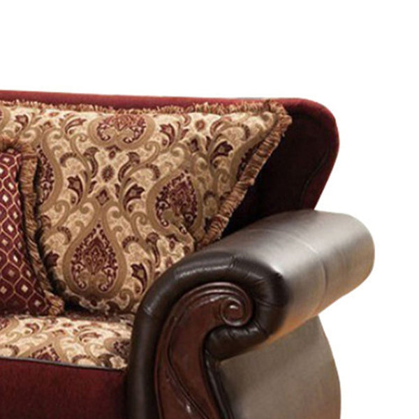 English Elm 48 Inch Throne Accent Chair Jacquard and Faux Leather Carved Apron Transitional Seating B05672035