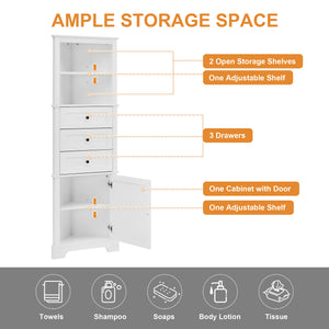 English Elm White Triangle Tall Cabinet 3-Drawer with Adjustable Shelves, Anti-Dump, MDF Painted Finish, Slim Corner Storage for Bathroom Kitchen Living Room N725P247409K