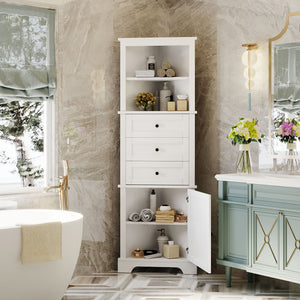 English Elm White Triangle Tall Cabinet 3-Drawer with Adjustable Shelves, Anti-Dump, MDF Painted Finish, Slim Corner Storage for Bathroom Kitchen Living Room N725P247409K