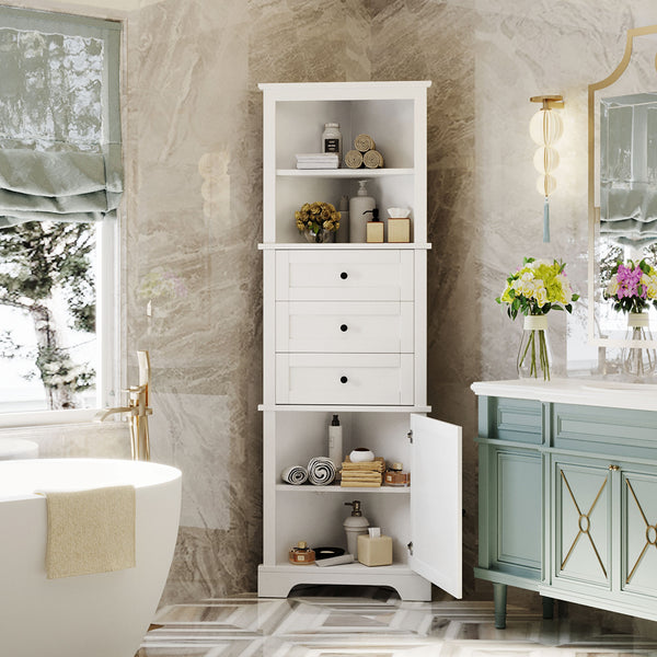 English Elm White Triangle Tall Cabinet 3-Drawer with Adjustable Shelves, Anti-Dump, MDF Painted Finish, Slim Corner Storage for Bathroom Kitchen Living Room N725P247409K