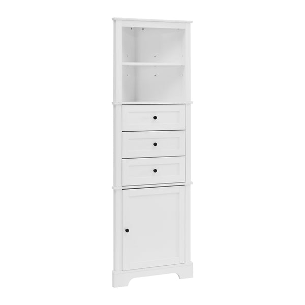 English Elm White Triangle Tall Cabinet 3-Drawer with Adjustable Shelves, Anti-Dump, MDF Painted Finish, Slim Corner Storage for Bathroom Kitchen Living Room N725P247409K