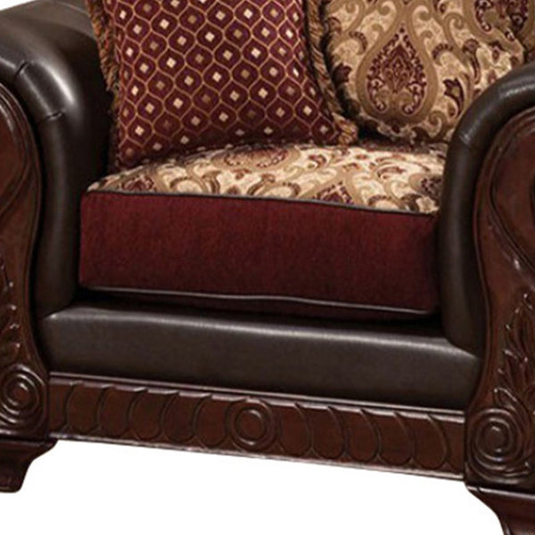 English Elm 48 Inch Throne Accent Chair Jacquard and Faux Leather Carved Apron Transitional Seating B05672035
