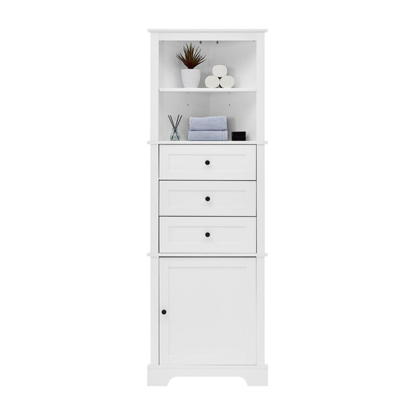 English Elm White Triangle Tall Cabinet 3-Drawer with Adjustable Shelves, Anti-Dump, MDF Painted Finish, Slim Corner Storage for Bathroom Kitchen Living Room N725P247409K