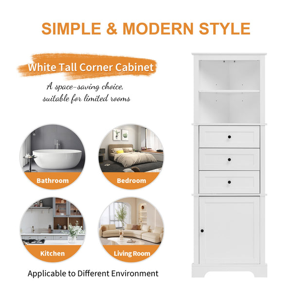 English Elm White Triangle Tall Cabinet 3-Drawer with Adjustable Shelves, Anti-Dump, MDF Painted Finish, Slim Corner Storage for Bathroom Kitchen Living Room N725P247409K