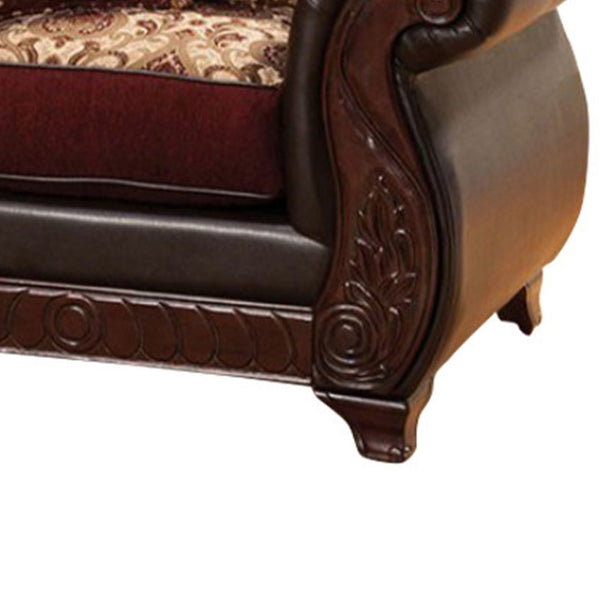 English Elm 48 Inch Throne Accent Chair Jacquard and Faux Leather Carved Apron Transitional Seating B05672035