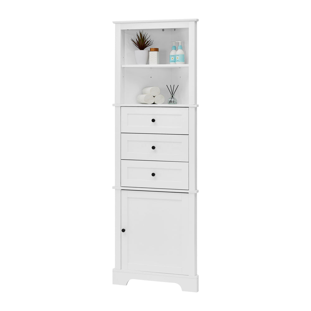 English Elm White Triangle Tall Cabinet 3-Drawer with Adjustable Shelves, Anti-Dump, MDF Painted Finish, Slim Corner Storage for Bathroom Kitchen Living Room N725P247409K