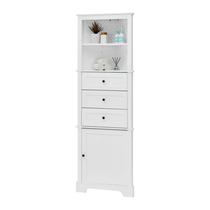 English Elm White Triangle Tall Cabinet 3-Drawer with Adjustable Shelves, Anti-Dump, MDF Painted Finish, Slim Corner Storage for Bathroom Kitchen Living Room N725P247409K