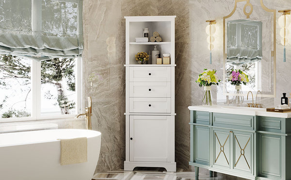 English Elm White Triangle Tall Cabinet 3-Drawer with Adjustable Shelves, Anti-Dump, MDF Painted Finish, Slim Corner Storage for Bathroom Kitchen Living Room N725P247409K