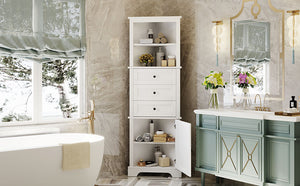 English Elm White Triangle Tall Cabinet 3-Drawer with Adjustable Shelves, Anti-Dump, MDF Painted Finish, Slim Corner Storage for Bathroom Kitchen Living Room N725P247409K