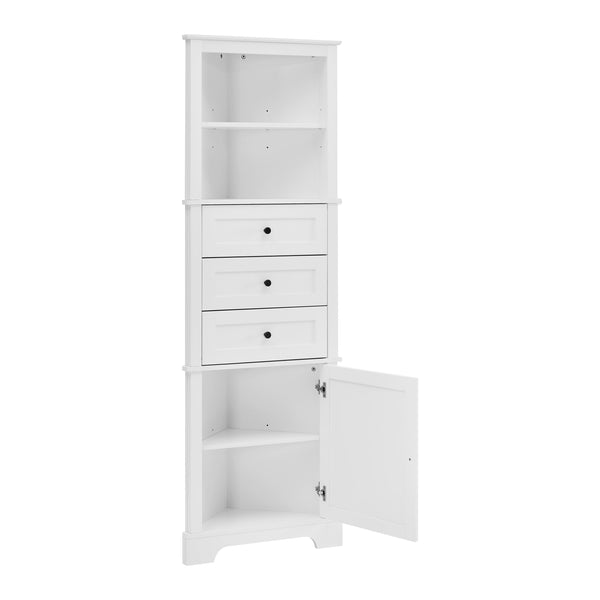 English Elm White Triangle Tall Cabinet 3-Drawer with Adjustable Shelves, Anti-Dump, MDF Painted Finish, Slim Corner Storage for Bathroom Kitchen Living Room N725P247409K